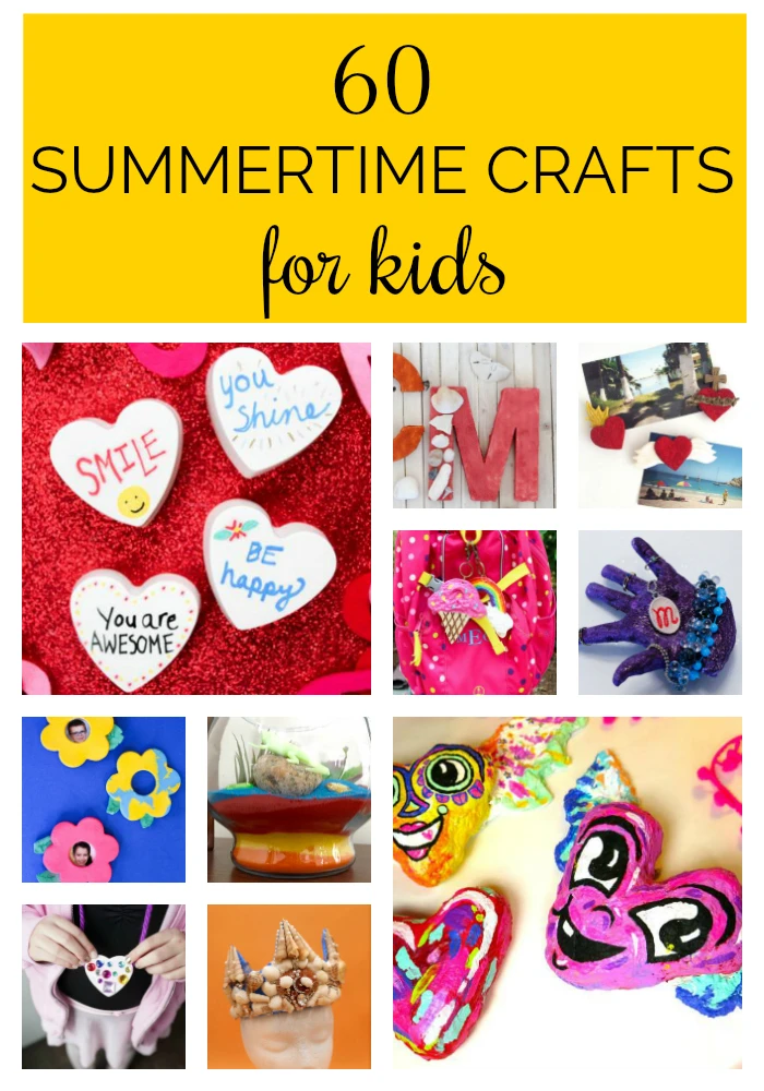 GREAT ideas!  This post has 60 summertime crafts for kids that will help you keep your kids entertained and screen-free this summer!  These craft project ideas for kids span all ages and use simple, non-toxic materials.  #kidscrafts #summercrafts #craftprojects #kidscraftideas